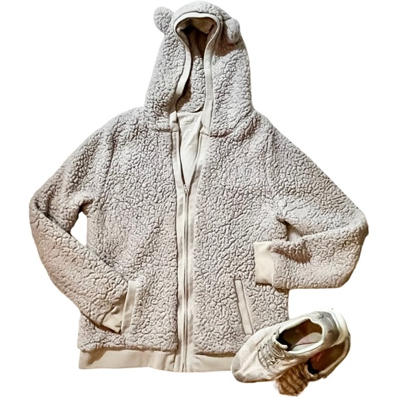 Ladies large Aeropostale gray Sherpa zip up hoodie with adorable bear ears warm - Picture 4 of 16